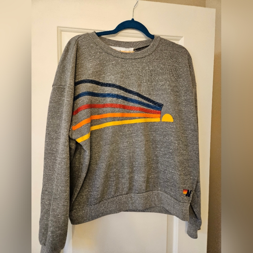 Aviator Nation Gray Sweatshirt with Multicolor Stripe & Yellow Sun